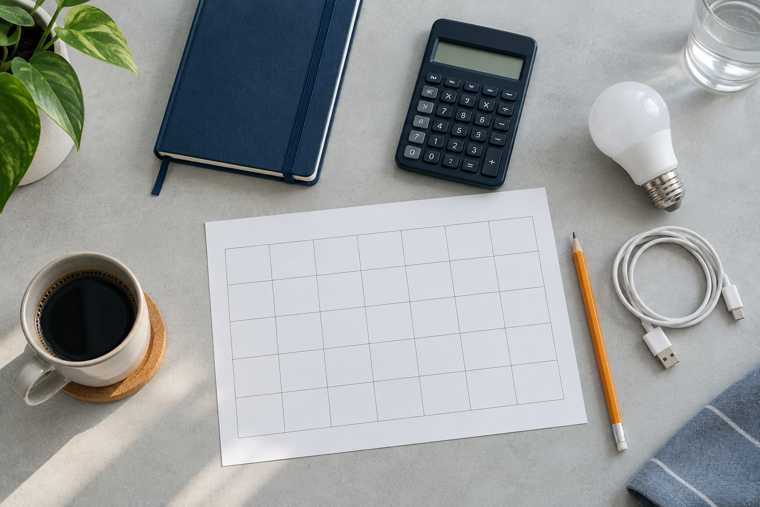 Calendário, caderno, calculadora, lâmpada e cabo de carregamento sobre uma mesa