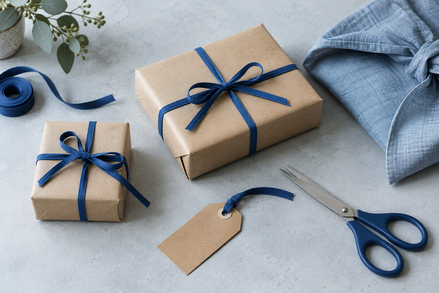 Presentes simples em papel kraft com fita azul e tecido reutilizável para embalagem