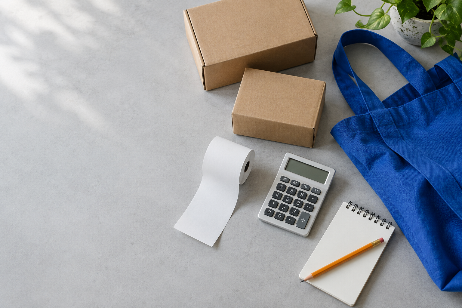 Sacola azul, caixas, calculadora e caderno sobre uma mesa clara